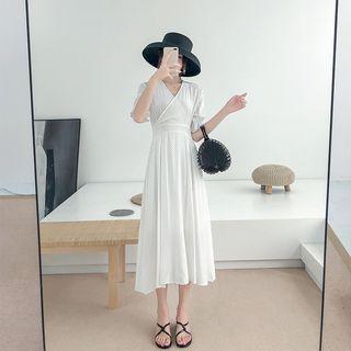 Polka Dot Elbow-sleeve V-neck Dress