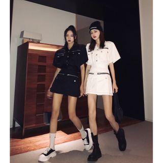 Set: Flap-pocket Short-sleeve Blouse + Mini A-line Skirt