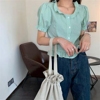 Short-sleeve Plaid Ruffled Trim Blouse