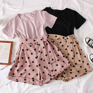 Set: Plain T-shirt + Dotted Shorts With Sash