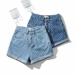 Mid Rise Pattern Wide Leg Denim Shorts