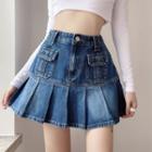 High Waist Denim Pleat Miniskirt