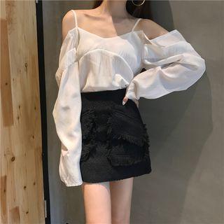 Long-sleeve Cold-shoulder Top / Tweed Pencil Skirt