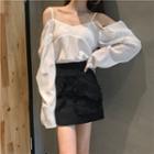 Long-sleeve Cold-shoulder Top / Tweed Pencil Skirt