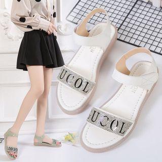 Lettering Rhinestone Ankle-strap Flat Sandals