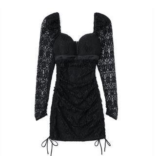 Long-sleeve Drawstring Lace Mini Sheath Dress