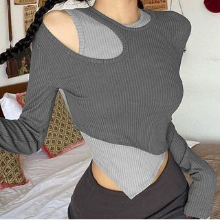 Set: Long-sleeve Cutout Crop Top + Sleeveless Top