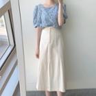 Elbow-sleeve Floral Blouse / A-line Midi Skirt