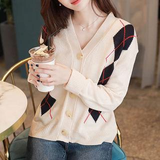 Drop-shoulder Argyle Knit Cardigan
