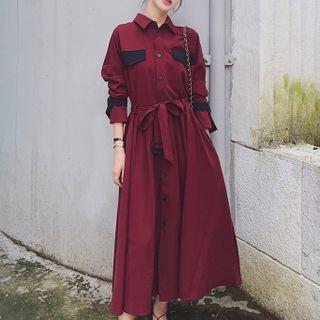 Contrast Panel Long-sleeve Tie-waist Midi Shirtdress