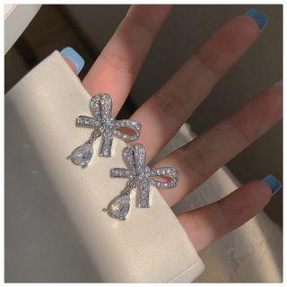 Bow Rhinestone Dangle Earring 1 Pair - Silver Needle - Silver - One Size