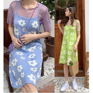 Mesh Short-sleeve Top / Flower Print Spaghetti Strap Dress