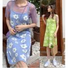 Mesh Short-sleeve Top / Flower Print Spaghetti Strap Dress