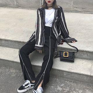 Long-sleeve Striped Shirt / Zip-detail Wide Leg Pants