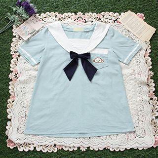 Embroidered Sailor Collar Short-sleeve Blouse