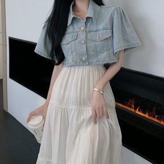Short-sleeve Denim Jacket / Midi A-line Skirt