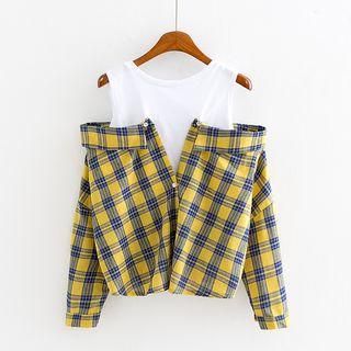 Cut Out Shoulder Short Sleeve Plaid Shirt