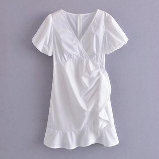 Short-sleeve V-neck Ruffle Trim Mini Sheath Dress