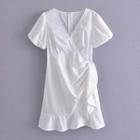 Short-sleeve V-neck Ruffle Trim Mini Sheath Dress