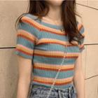 Short-sleeve Striped T-shirt Striped - Blue & Red & Yellow - One Size