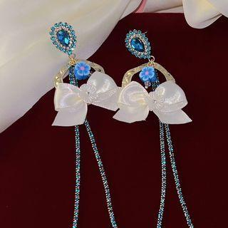 Bow Flower Rhinestone Fringed Earring Blue Rhinestone - Gold & Light Yellow - One Size