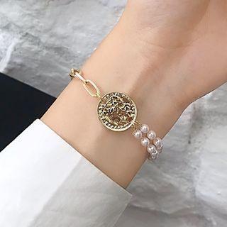 Faux Pearl Coin Pendant Bracelet 1 Pc - 1970 - Faux Pearl Coin Pendant Bracelet - One Size