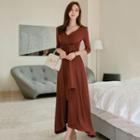 Elbow-sleeve Tied Knit Midi Dress