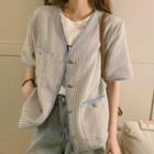 Short-sleeve Button-up Jacket Blue & Off-white - One Size