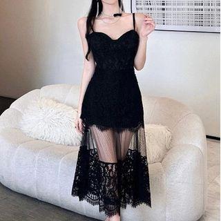 Spaghetti-strap Lace Panel Mesh Midi A-line Dress