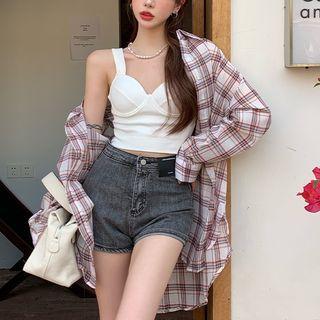 Plain Slim-fit Sleeveless Top / Long-sleeve Plaid Loose-fit Shirt