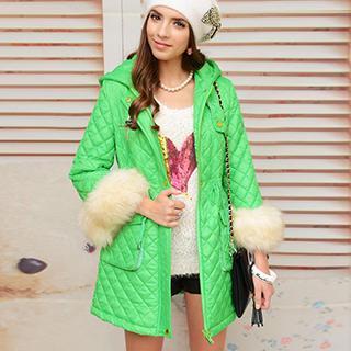 Furry-cuff Quilted Hooded Coat
