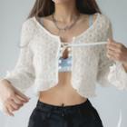 Bell-sleeve Pointelle Knit Tie-front Ruffled-trim Crop Cardigan
