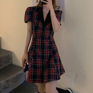 Short-sleeve Plaid Open-collar A-line Dress