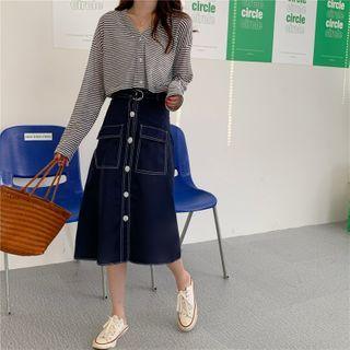 Striped Long-sleeve T-shirt / Contrast Stitching Midi A-line Skirt