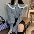 Long-sleeve Wide-collar Gingham Check Blouse Gingham - Black & White - One Size