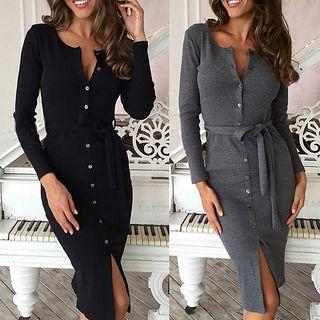 Button Down Long-sleeve Sheath Dress With Sash