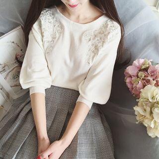 Floral Embroidered Lantern-sleeve Knit Top