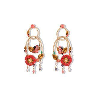 Fashion Elegant Plated Gold Enamel Flower Bird Circle Earrings Golden - One Size