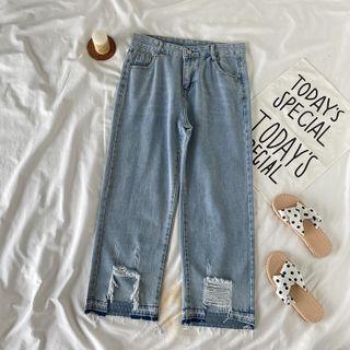 Wide-leg Ripped Jeans / Belt / Set