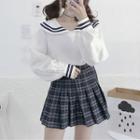Sailor-collar Long-sleeve Top / Plaid High-waist Pleated A-line Skirt