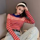 Patterned Long-sleeve Knit Top As Shown In Figure - One Size