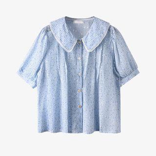 Elbow-sleeve Collar Floral Blouse Floral - Blue - One Size