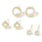 3 Pair Set : Rhinestone Earring (assorted Designs) Set Of 6 - Earring - Gold - One Size