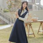 Set: Plain Shirt + V-neck Midi Overall Dress