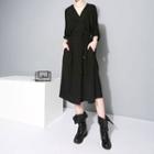 3/4-sleeve V-neck Midi A-line Dress Black - One Size