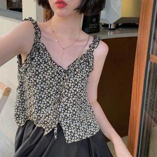 Ruffled Floral Print Camisole Top White Floral - Black - One Size