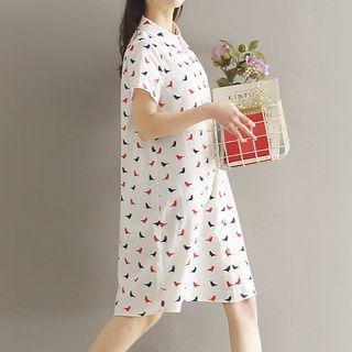 Bird Print Short-sleeve Shirt Dress