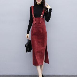 Set: Mock Neck Knit Top + Suspender Midi Skirt