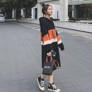 Long-sleeve Color Block Midi Shift Hoodie Dress