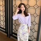 Plain V-neck 3/4-sleeve Blouse / Flower Printed Midi Skirt